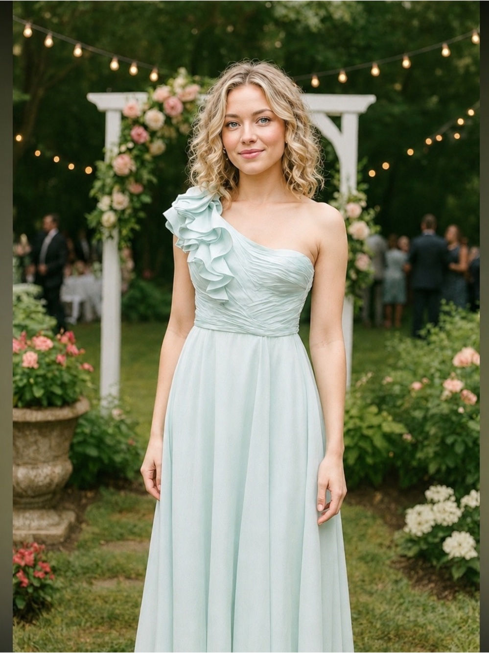 Mac Duggal One-Shoulder Light Blue/Mint with Silver Shiny lines Dress Size 12W